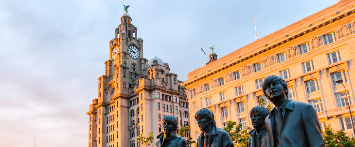 A statue of The Beatles outside the Liver Buildings on Liverpool's Pier Head.