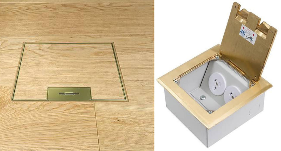 A recessed power point is supposed to be flush with the floorboards and concealed by a flap. Source: Supplied. 