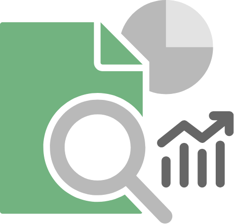 Icon depicting a document, search magnifying glass, piechart and line graph.