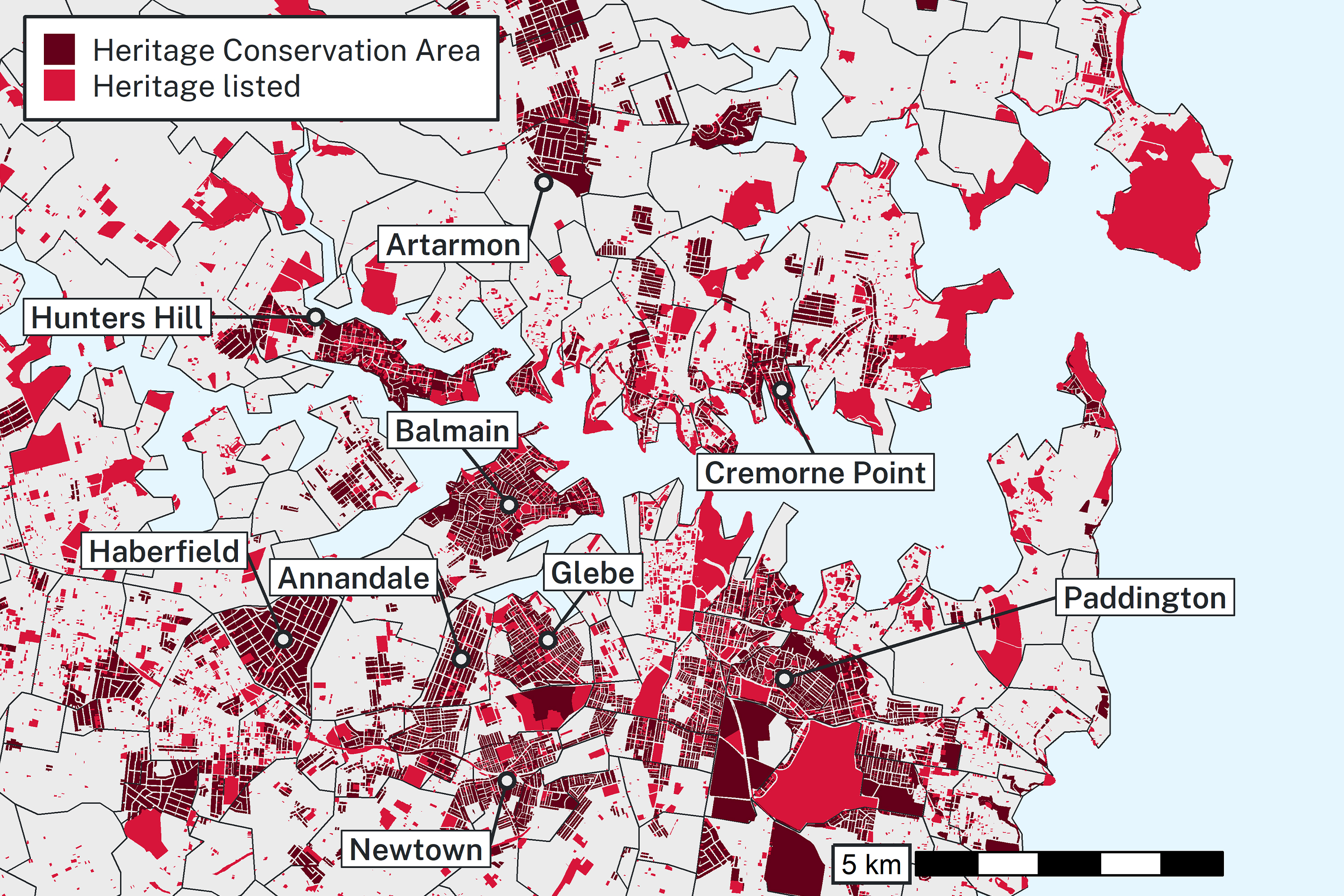 a map that shows where the heritage conservation areas in sydney and heritage listed places