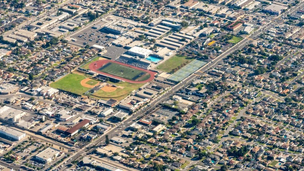 Aerial view of Downey in Suburban Southern California stock photo