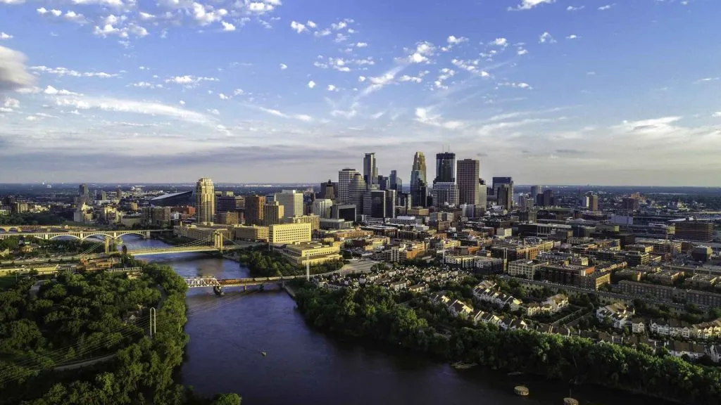Aerial View of Minneapolis and the Mississippi river in summer.