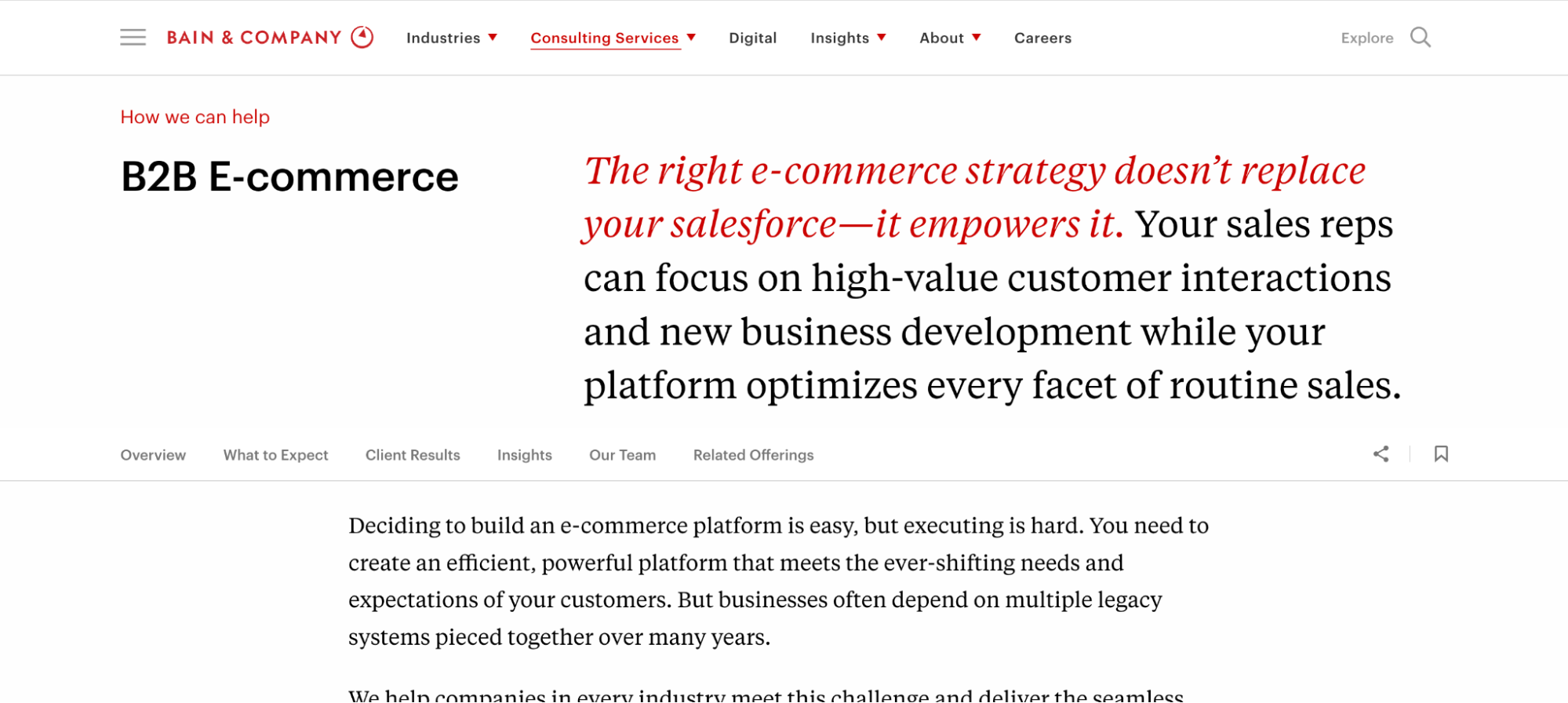 Bain & Company’s B2B ecommerce consulting page with information for future clients.