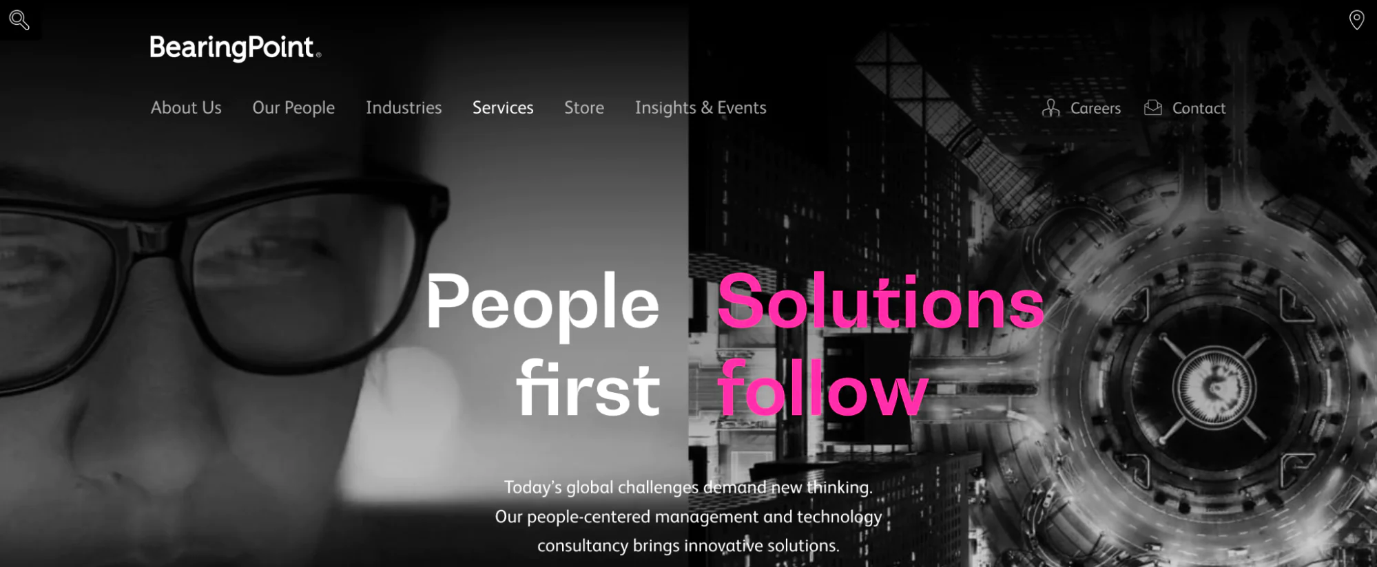 BearingPoint consultants’ homepage with black and white images showing clients at work.