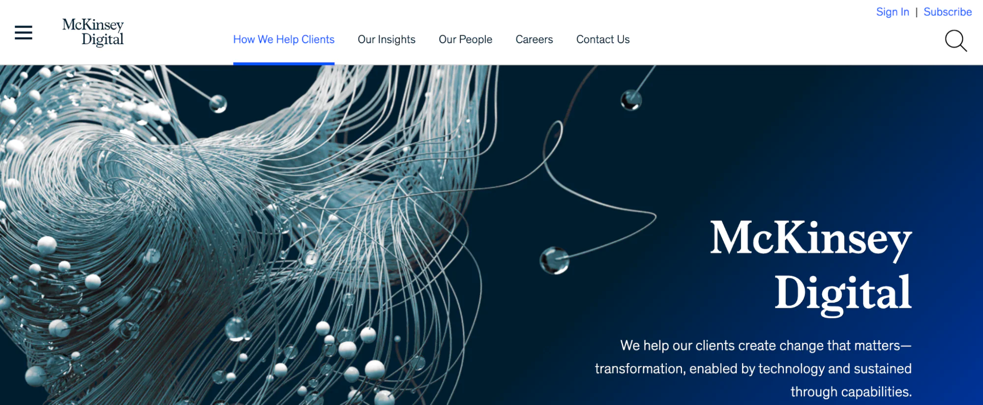 McKinsey Digital consultants homepage featuring and abstract blue and silver pattern.