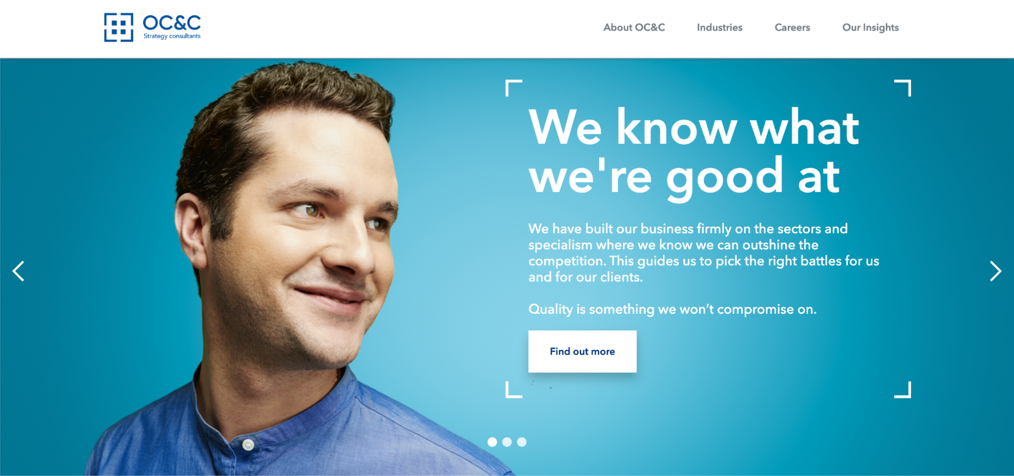 OCC Strategy Consultants homepage with an image of a pleased looking client on a blue background.
