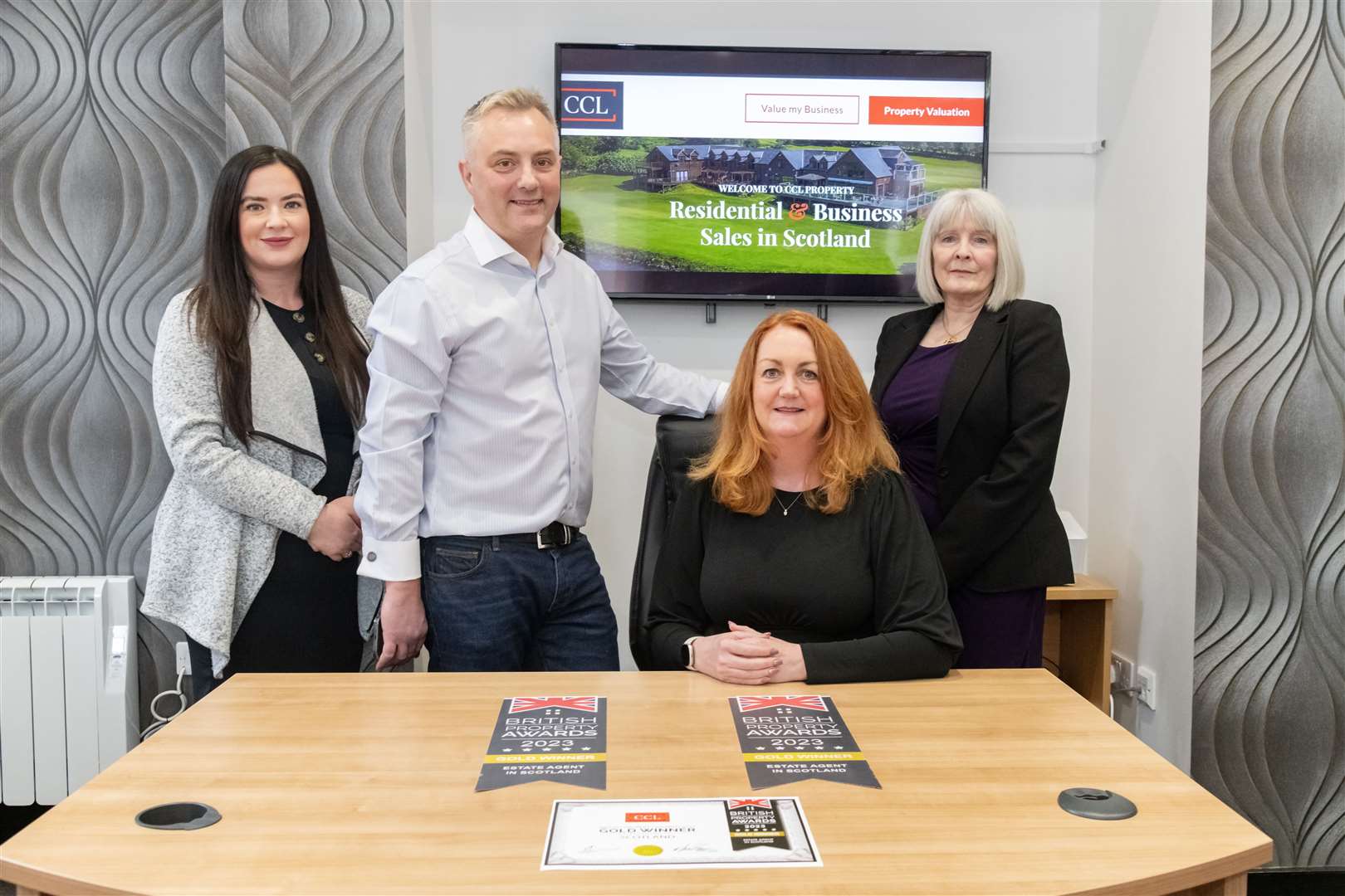 From left: Claire Millar (Business Development Manager), David Pickering (Commercial Director), Coralie Pickering (Managing Director) and Audrey Pope (Residental Property Manager) from CCL in Elgin have won gold in the British Property Awards for Estate Agents in Scotland 2023...Picture: Beth Taylor.