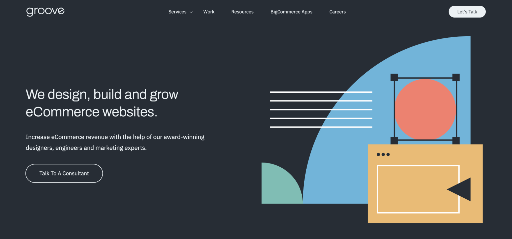 Groove Commerce homepage with abstract design in pastel colors representing elements of a website.