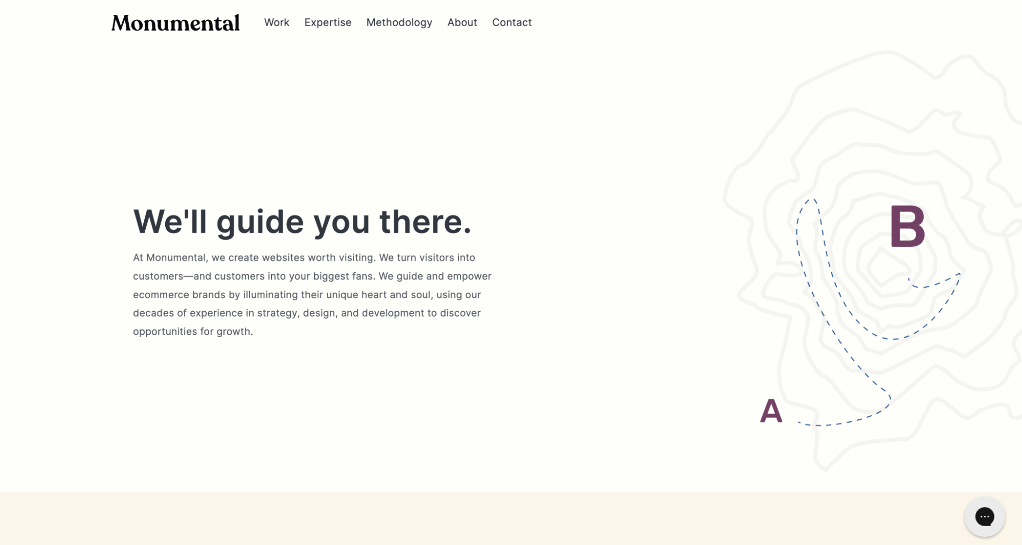 Monumental consultants homepage with a minimalist design including an abstract topology map.