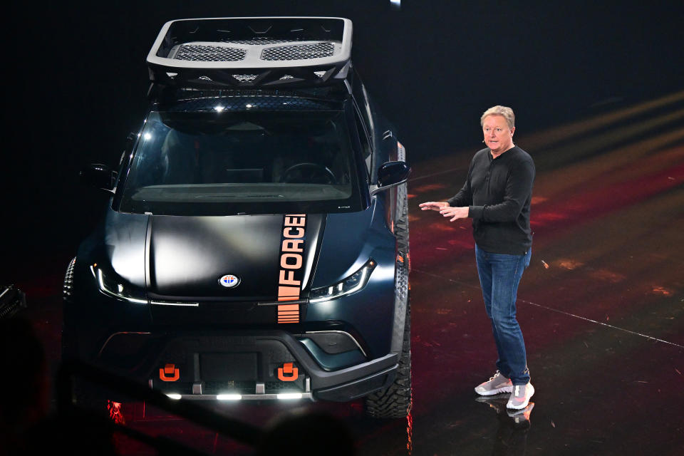 Fisker CEO Henrik Fisker introduces the all-electric off-road Ocean called the Force E during its inaugural 