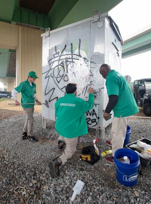 From left, Shane Cropsey, James Warren, and Troy Green work on removing graffiti under the I-110 overpass along East Wright Street in downtown Pensacola on Friday, Jan. 12, 2024.