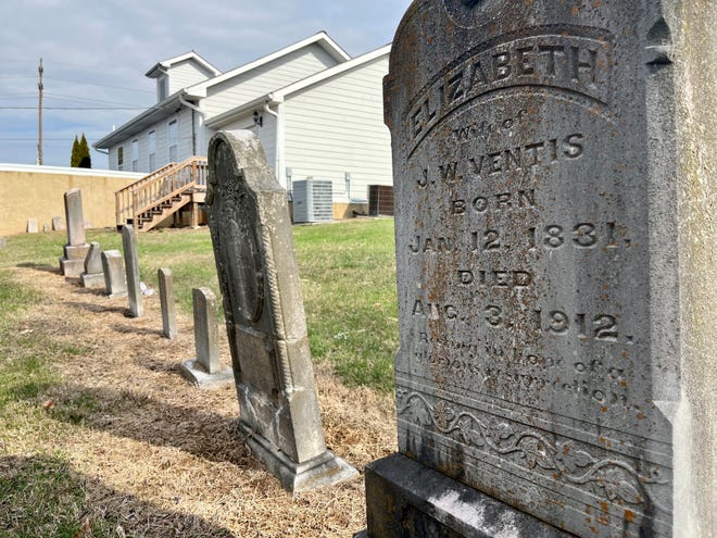 Some of the approximately two dozen cemetery headstones behind the 1880s former church at 5902 Kingston Pike are shown on March 5, 2024. The chapel building is currently for sale.