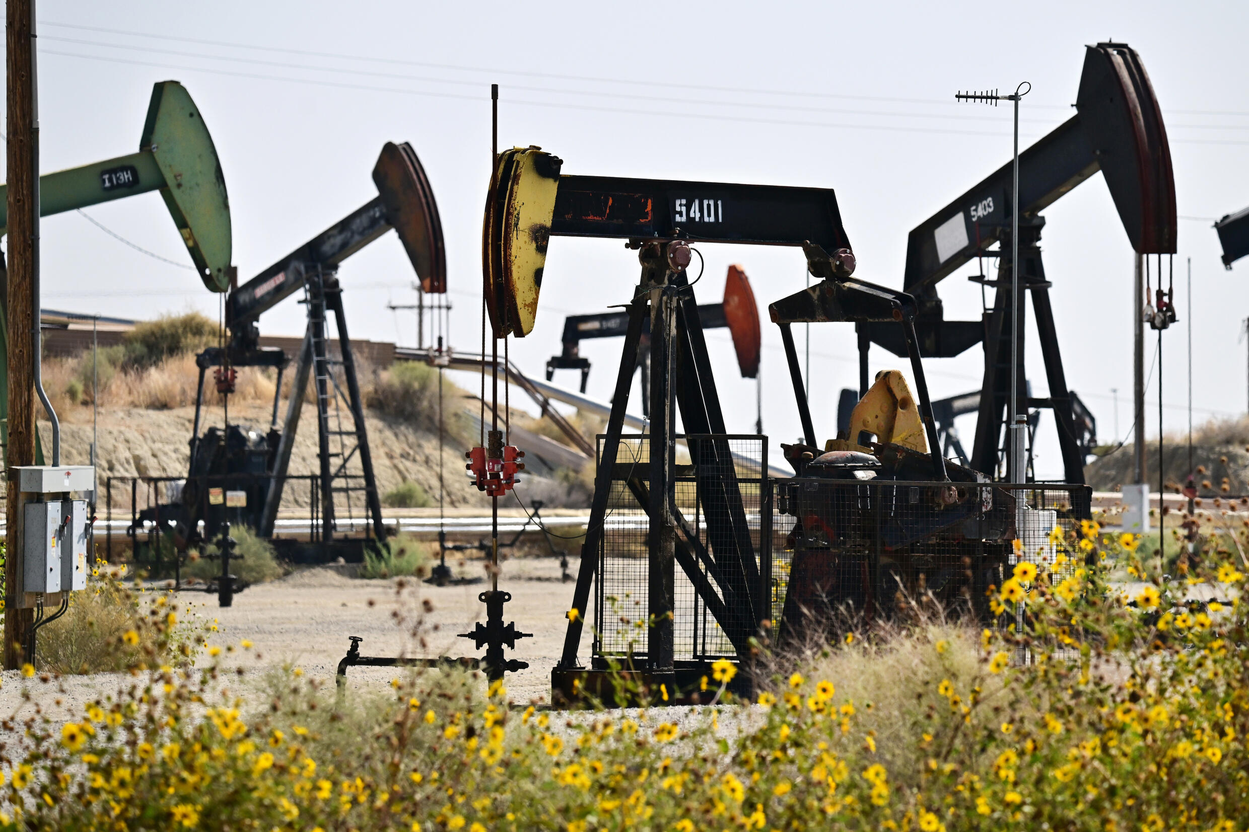 Pumpjacks on oilfields in Kern County, California