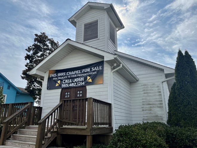 The historic chapel at 5902 Kingston Pike, shown on March 5, is currently for sale by the Cappiello real estate firm, but a purchaser must move it, according to the sign on the front. The building dates to the 1880s and served as Bearden Christian Church for a period.