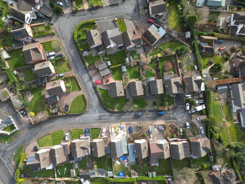 Aerial view of suburban detached houses in a residential cul de sac in Hereford UK in Feb 2024 Property: The number of houses for sale is a fifth higher than a year ago, with buyer demand also rising by 11%.