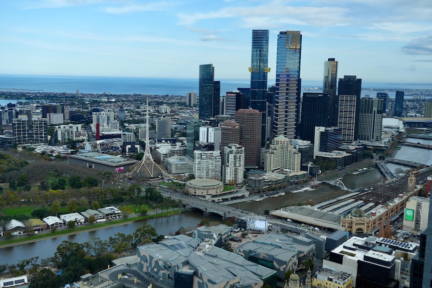 Landscape image of Melbourne CBD including Flinders Street station, the Arts Centre and skyscraper buildings