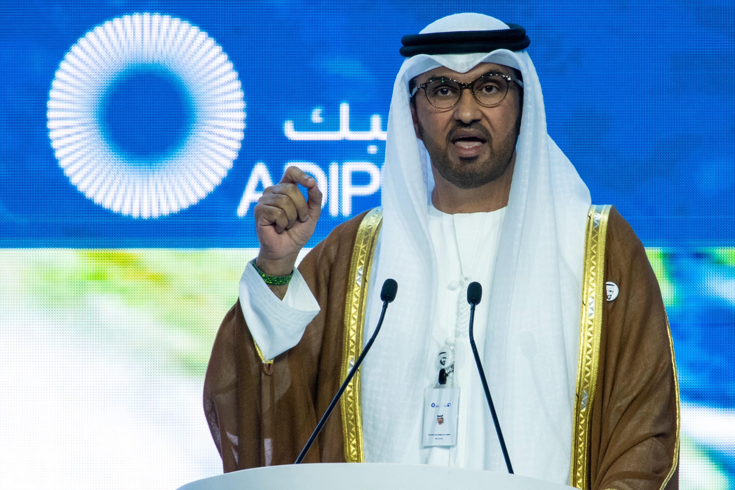 COP28 president Sultan Ahmed al-Jaber speaks at a petroleum event in Abu Dhabi in October 2023