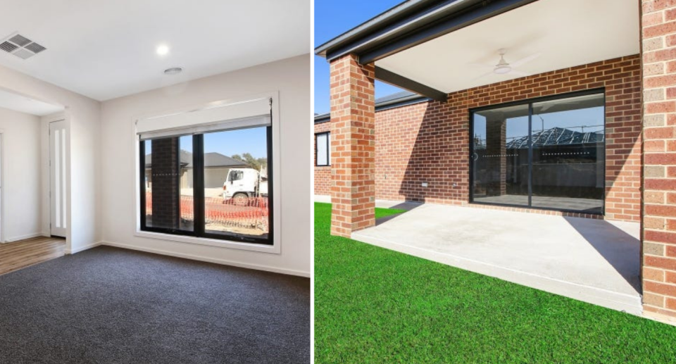 Left is an image of a room inside the home looking out at the brown lawn. Right image of the backyard looking at the back of the house.