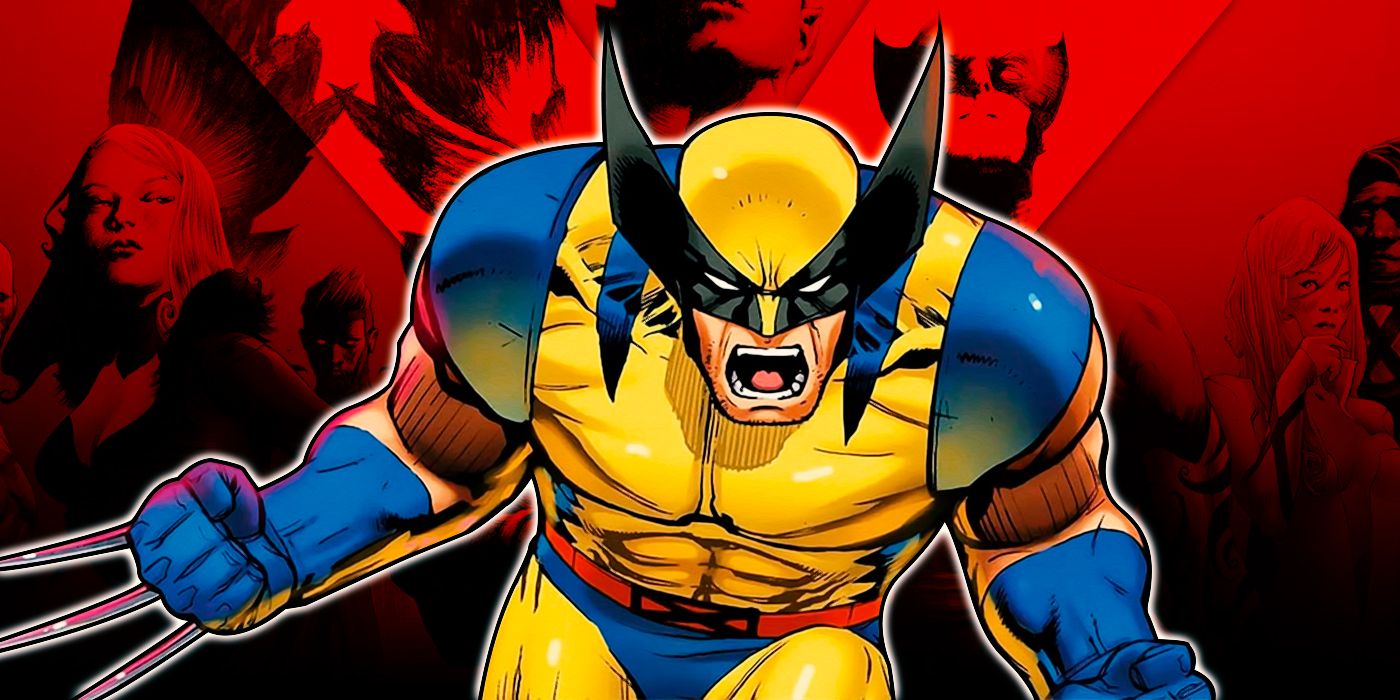 Wolverine shouting with rage in front of a red and black X-Men comic background