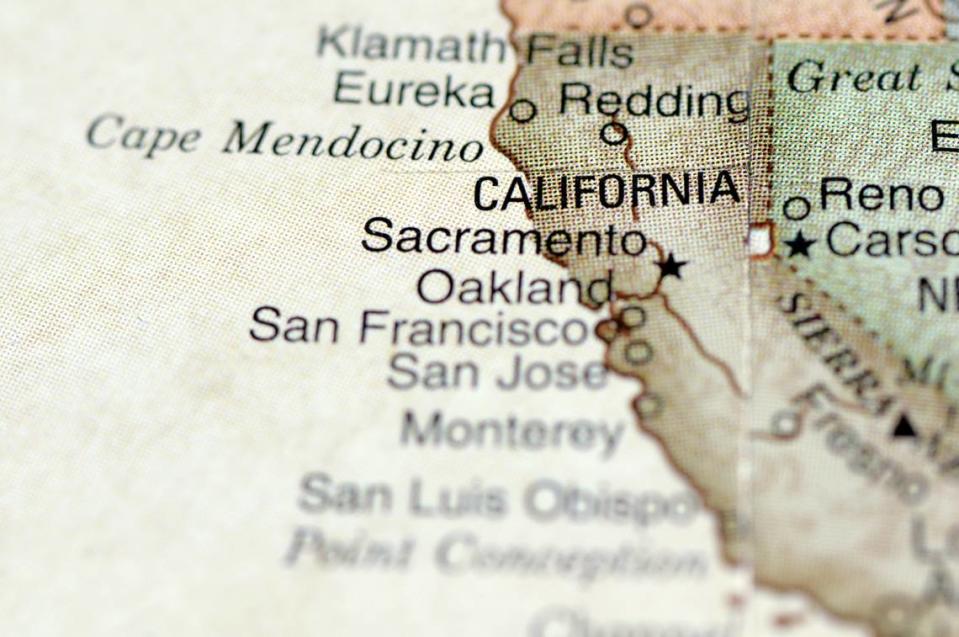 A macro photograph of Sacramento, California and surrounding area from a desktop globe. Adobe RGB color profile.