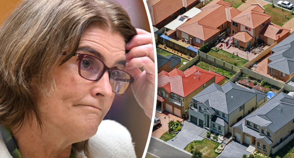 RBA governor Michele Bullock and an inset of houses from above. 