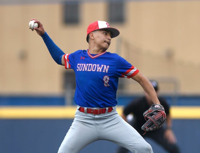 Sundown's Jayson Martinez pitches against New Home in the Region I-2A semifinal baseball game, Thursday, May 16, 2024, at the Frenship Athletic Complex in Wolfforth.