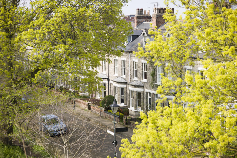 Period terraced houses in a historic residential suburb of York, UK  House prices suffer unexpected slump amid rising mortgage rates 